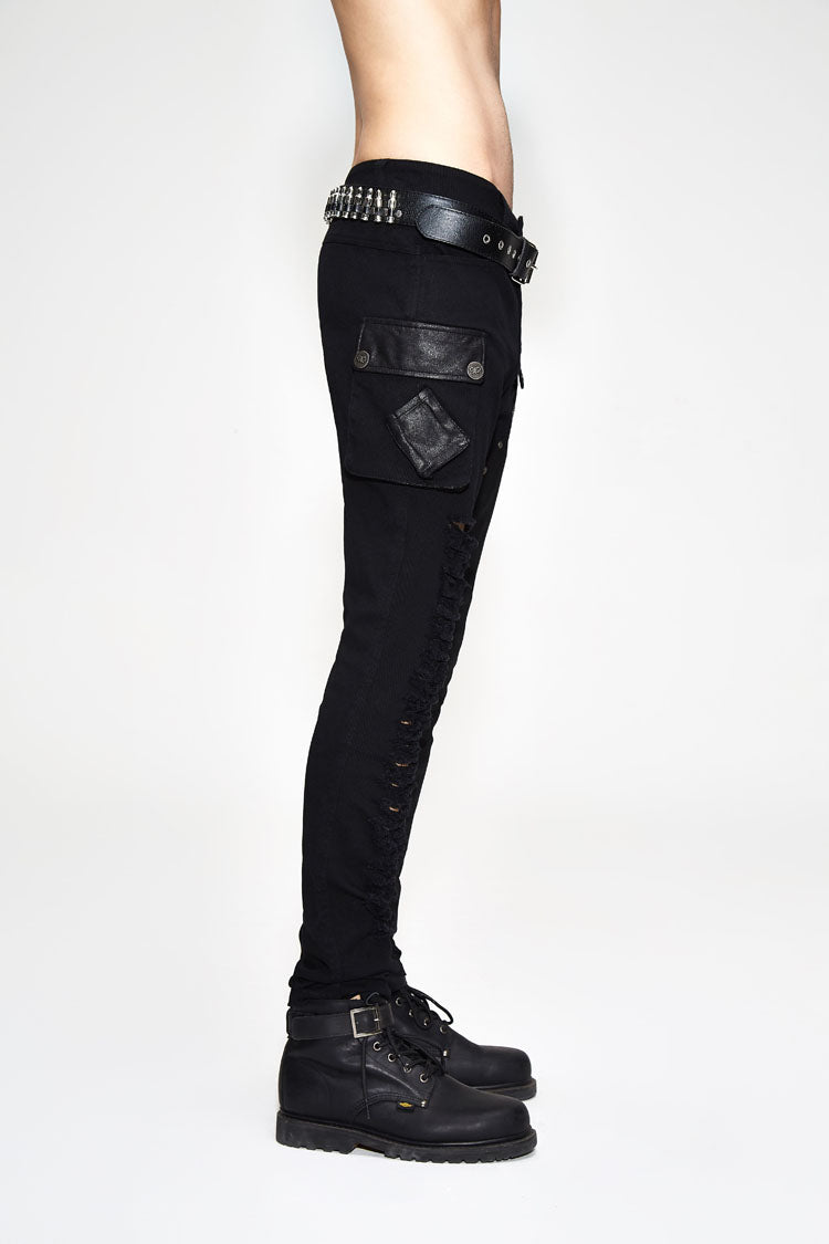 Black Asymmetric Broken Hole Glued Suede Rivet Men's Punk Pants - Product - 2