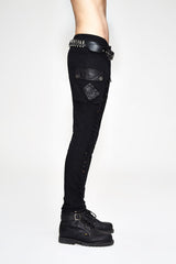 Black Asymmetric Broken Hole Glued Suede Rivet Men's Punk Pants - Product - 2