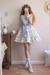 Blue [Grape Moon Almanac] Sleeveless Multi-Layered Printed Ruffled Bow Adjustable-Length Sweet Lolita Jsk Dress - Product - 2