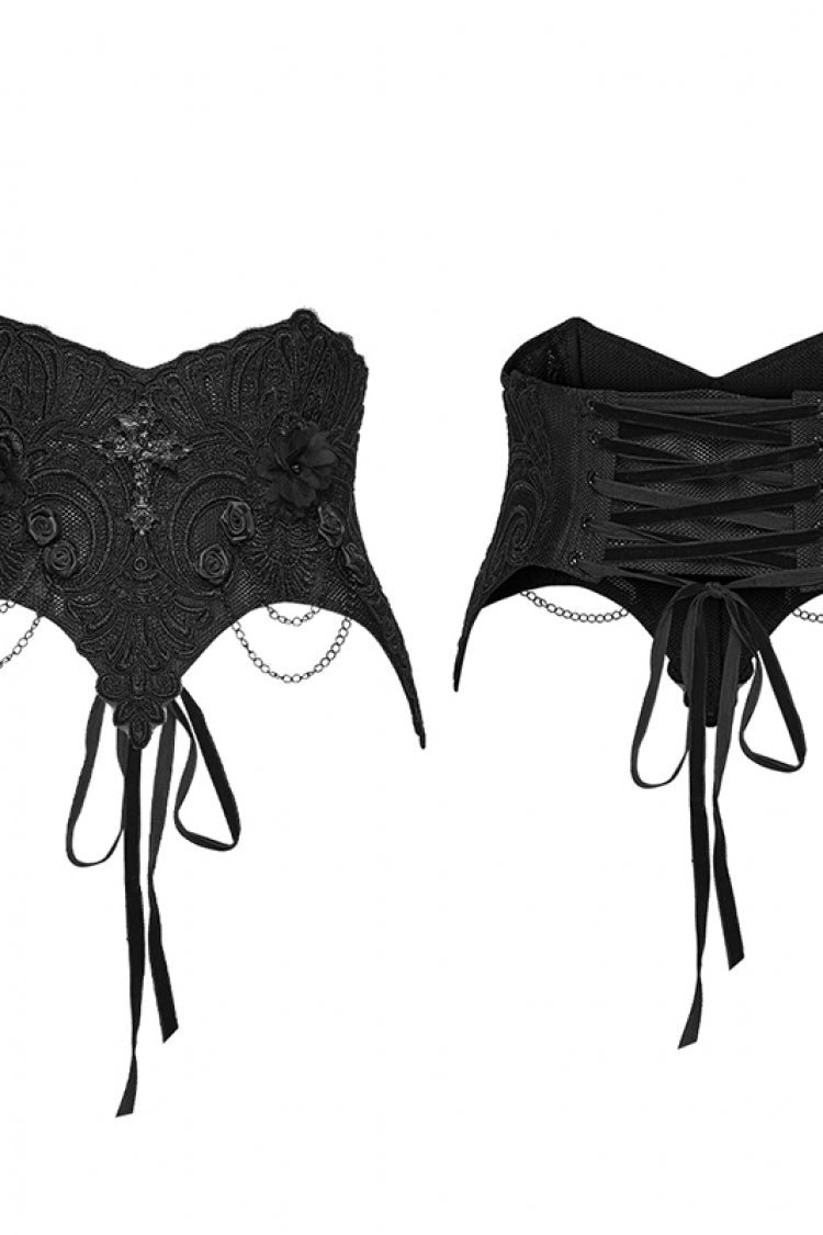 Black Embroidered Lace Lace-Up Slim Fit Chain-Decorated Women's Gothic Elegant Luxurious Underbus Corset - Product - 8