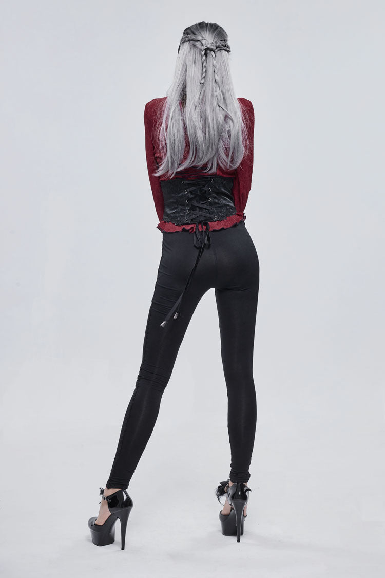 Black/Red Printed Decoration Tie Rope Elasticity Women's Gothic Leggings - Product - 6