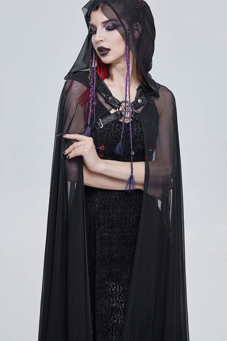Black Punk Cross Leather Straps On Chest Design Metal Five-Pointed Star Decoration Long Hooded Women's Cape - Product - 8