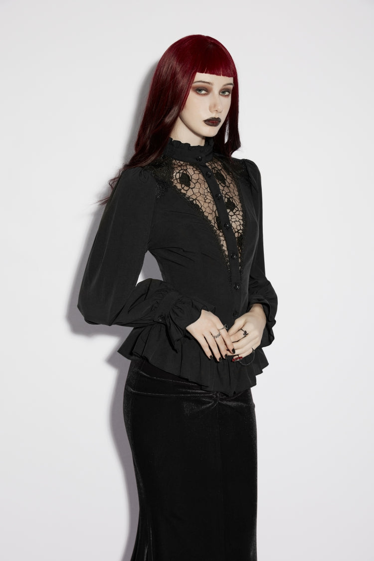 Black Stand Collar Long Lantern Sleeves Cut-Out Embroidered Spliced Lace-Up Slim Sheer Mesh Pleated Women's Gothic Palace Blouse - Product - 9