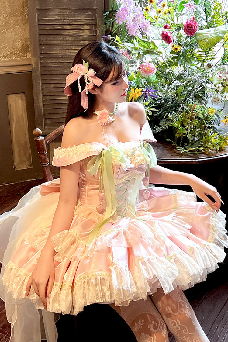 Pink [Tulip Love Song] Boat Neck Double-Layered Ruffle Bowknot Lace Lace-Up Romantic Sweet Princess Lolita Dress - Product - 10