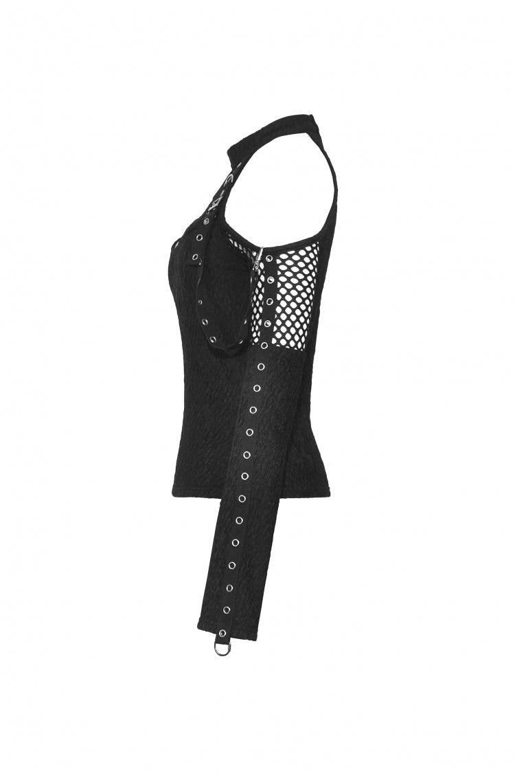 Black Off Shoulder Long Sleeves Cut-Out Spliced Mesh Women's Punk Top - Product - 9