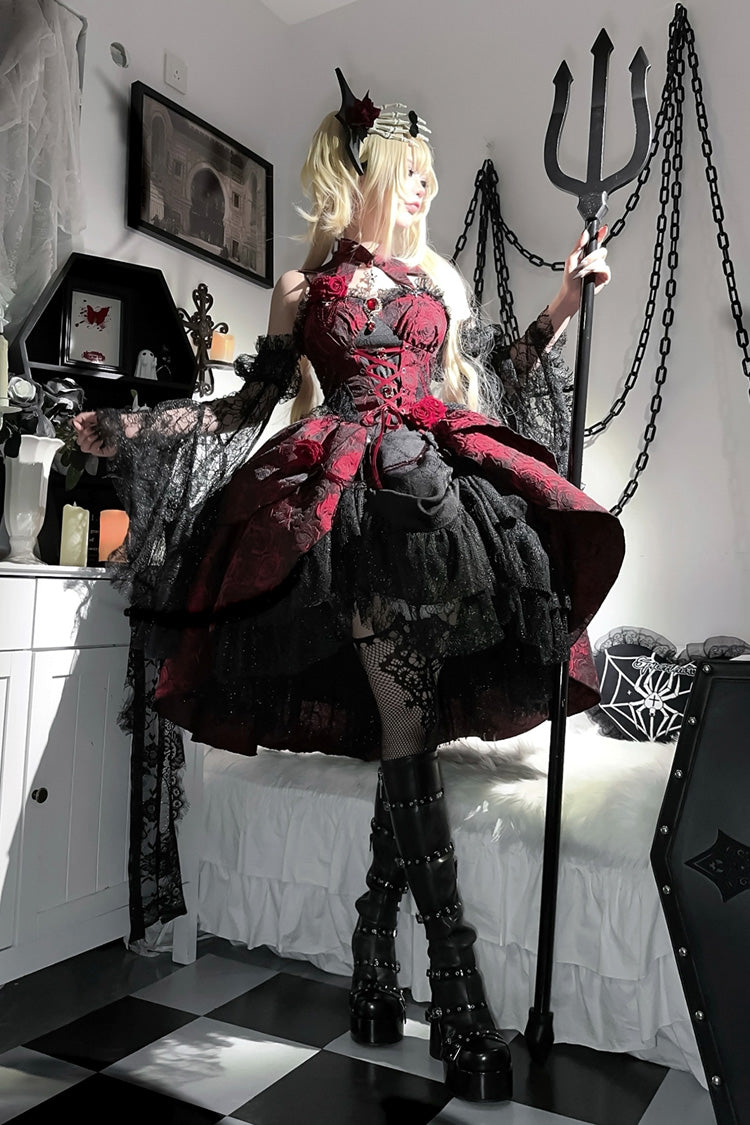 Red [Rose Dish] Ruffle Embroidery Cardigan Bowknot Lace-Up Gothic Lolita Jsk Dress - Product - 5