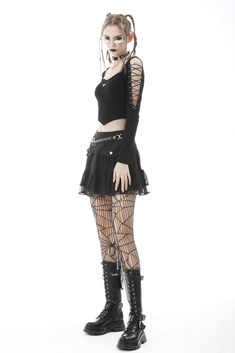 Black Long Sleeves Irregular Strappy Bat Women's Punk Crop Top - Product - 2