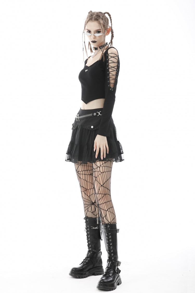 Black Long Sleeves Irregular Strappy Bat Women's Punk Crop Top - Product - 2