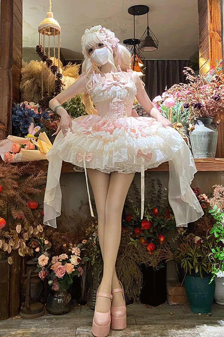 Pink [Dance of Time] Sleeveless Multi-Layered Ruffle Bowknot Lace Sweet Ballet Lolita Jsk Dress - Pink - 1