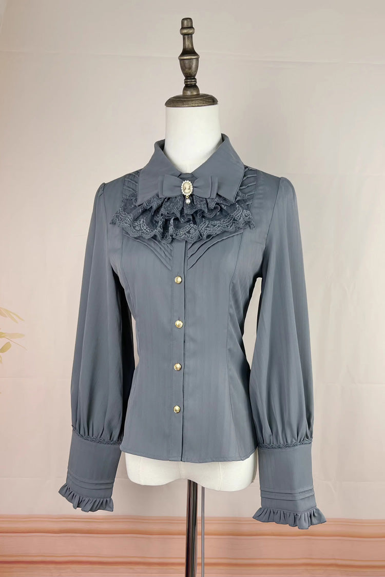 [Enchanted Dreamland] Lapel Collar Long Sleeves Ruffled Lace Slim Classic Elegant Lolita Blouse 6 Colors - Product - 10