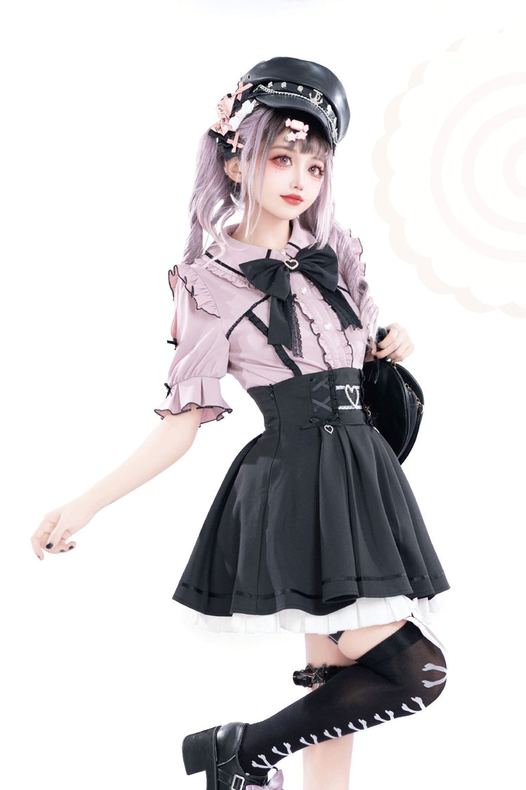 Black/Pink Short Sleeves Ruffle Slim Jirai Kei Japanese Skirt Set - Product - 5