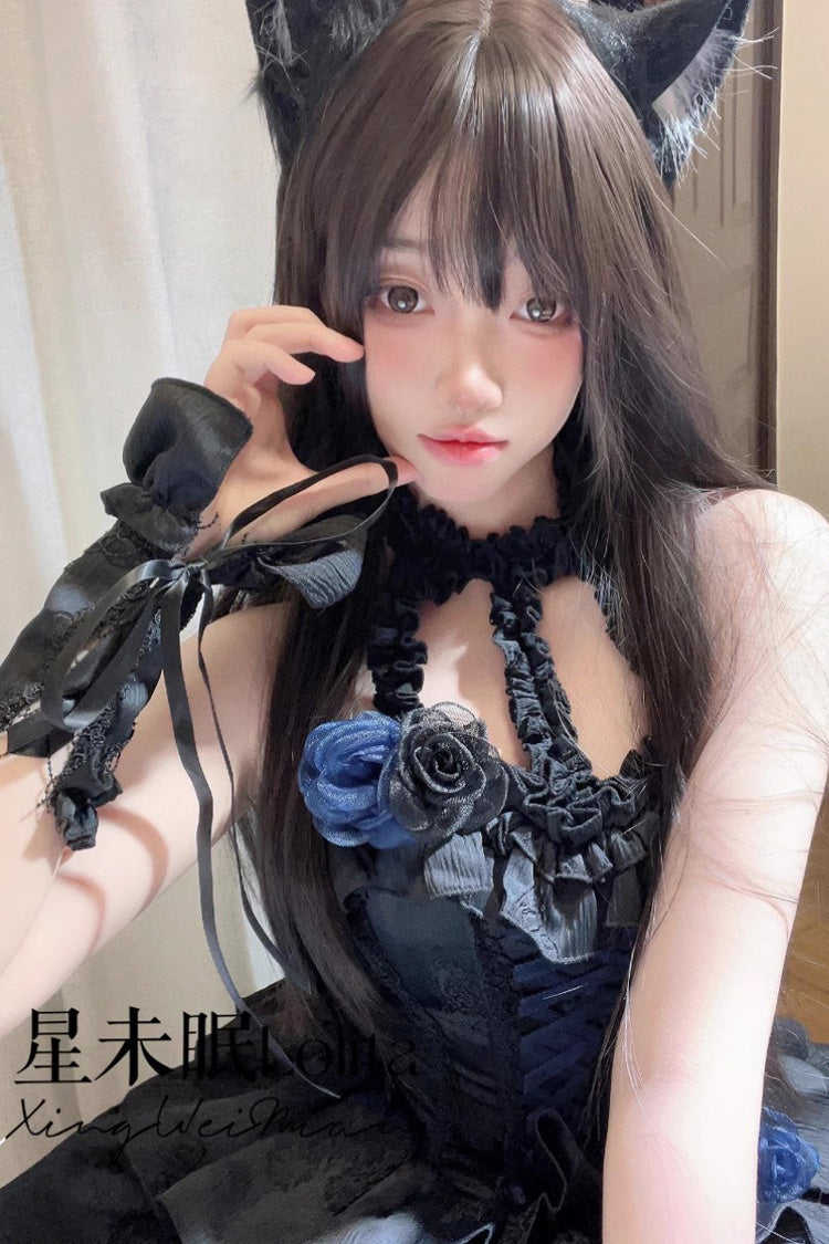 [Sunset Venus] Halterneck Sleeveless Multi-Layered Ruffle Bowknot Lace Fishbone Sweet Lolita Dress 2 Colors - Product - 6