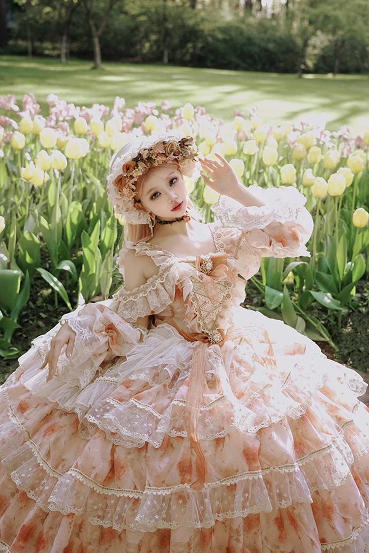 Pink [Rose Letter] Off Shoulder Triple-Layered Print Ruffle Hanayome Sweet Princess Lolita Dress - Product - 5