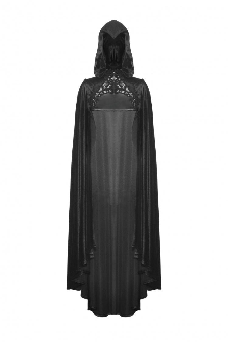 Black Cross Zippered Floral Embroidered Women's Gothic Cloak with Hood - Product - 3