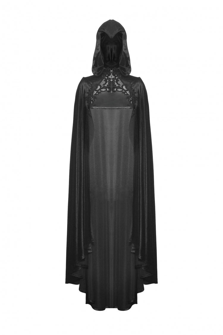 Black Cross Zippered Floral Embroidered Women's Gothic Cloak with Hood - Product - 3