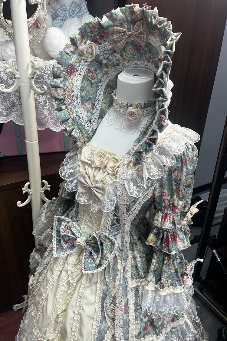 Green/Ivory Print Ruffle Bowknot Lace Classic Vintage Princess Lolita Dress - Product - 2