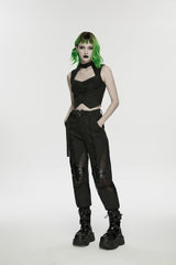 Black Women's Punk Handsome Buckle-up Studded Mesh Cargo Pants - Product - 4