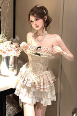 Apricot Multi-Layered Print Ruffle Embroidery Bowknot Sweet Vintage Lolita Skirt - Apricot - 1