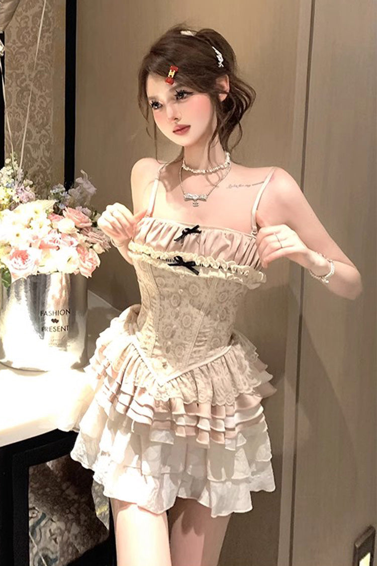 Apricot Multi-Layered Print Ruffle Embroidery Bowknot Sweet Vintage Lolita Skirt - Apricot - 1