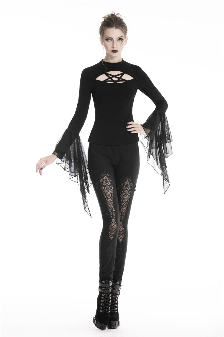 Black Floral Cut-Out Lace-Up Women's Gothic Leggings - Product - 5