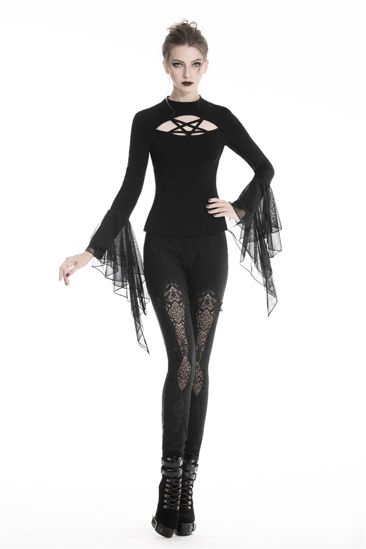 Black Floral Cut-Out Lace-Up Women's Gothic Leggings - Product - 5