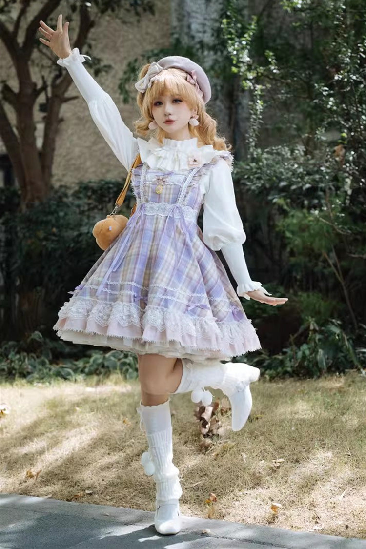 Pink/Purple [Endless Summer] High Waisted Printed Ruffled Bow Lace Sweet Princess Lolita Jsk Dress 2 Versions - Product - 5