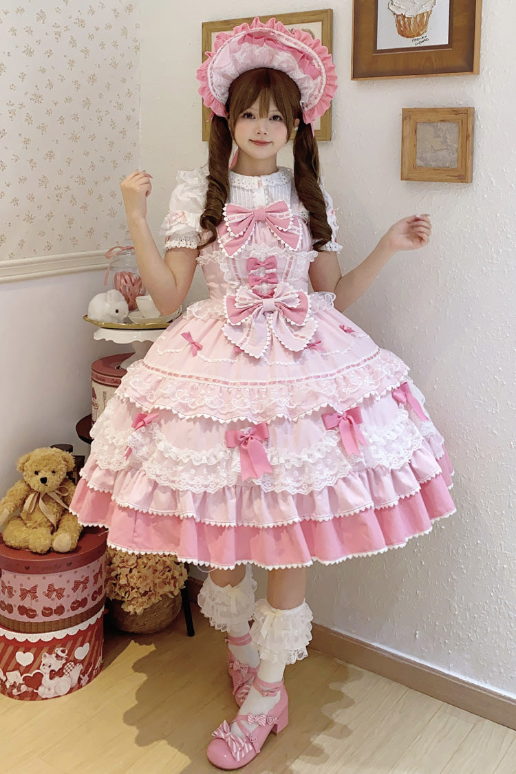 Pink [Fondant Cake] Sleeveless Multi-Layered Ruffle Bowknot Lace Sweet Lolita Jsk Dress - Product - 7