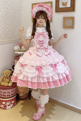 Pink [Fondant Cake] Sleeveless Multi-Layered Ruffle Bowknot Lace Sweet Lolita Jsk Dress - Product - 7