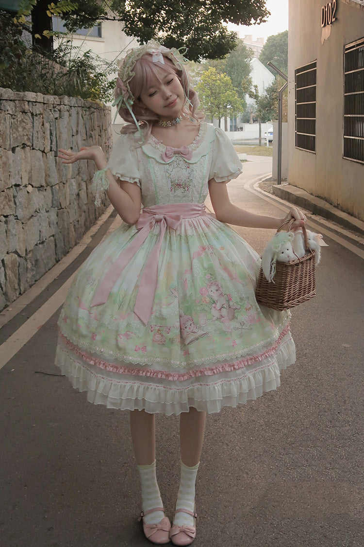 Pink/Green [Bamboo Rabbit] Peter Pan Collar Short Sleeves Printed Ruffled Embroidered Bow Sweet Lolita Dress - Product - 12