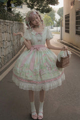Pink/Green [Bamboo Rabbit] Peter Pan Collar Short Sleeves Printed Ruffled Embroidered Bow Sweet Lolita Dress - Product - 12