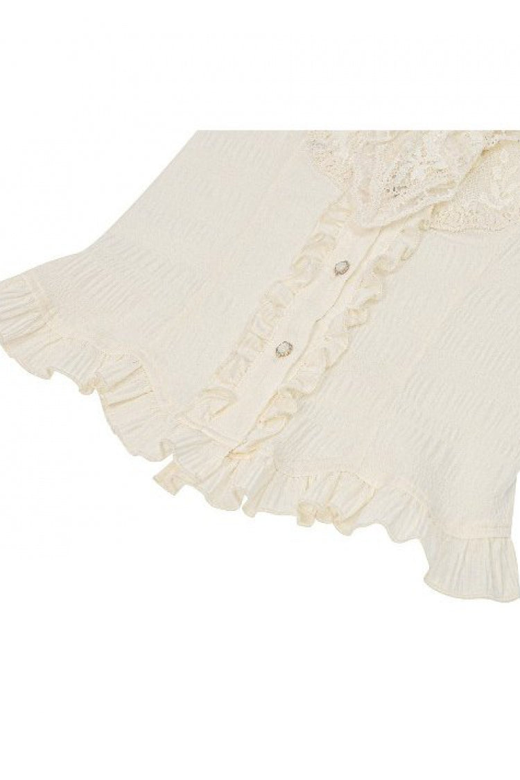 Beige Stand Collar Short Puff Sleeves Lace Sheer Lace-Up Women's Gothic Blouse with Detachable Bowknot - Product - 14