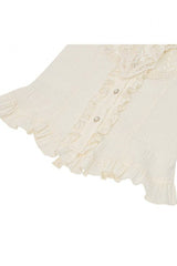 Beige Stand Collar Short Puff Sleeves Lace Sheer Lace-Up Women's Gothic Blouse with Detachable Bowknot - Product - 14