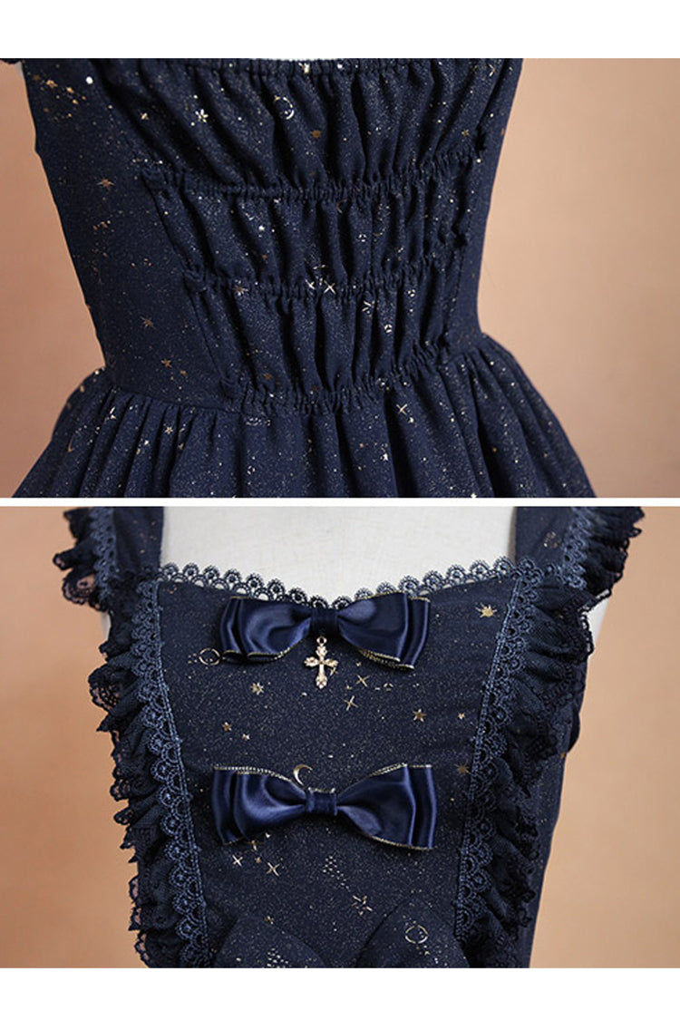Chiffon Golden Star Bowknot Print Classic Lolita Sling Dress - Product - 7
