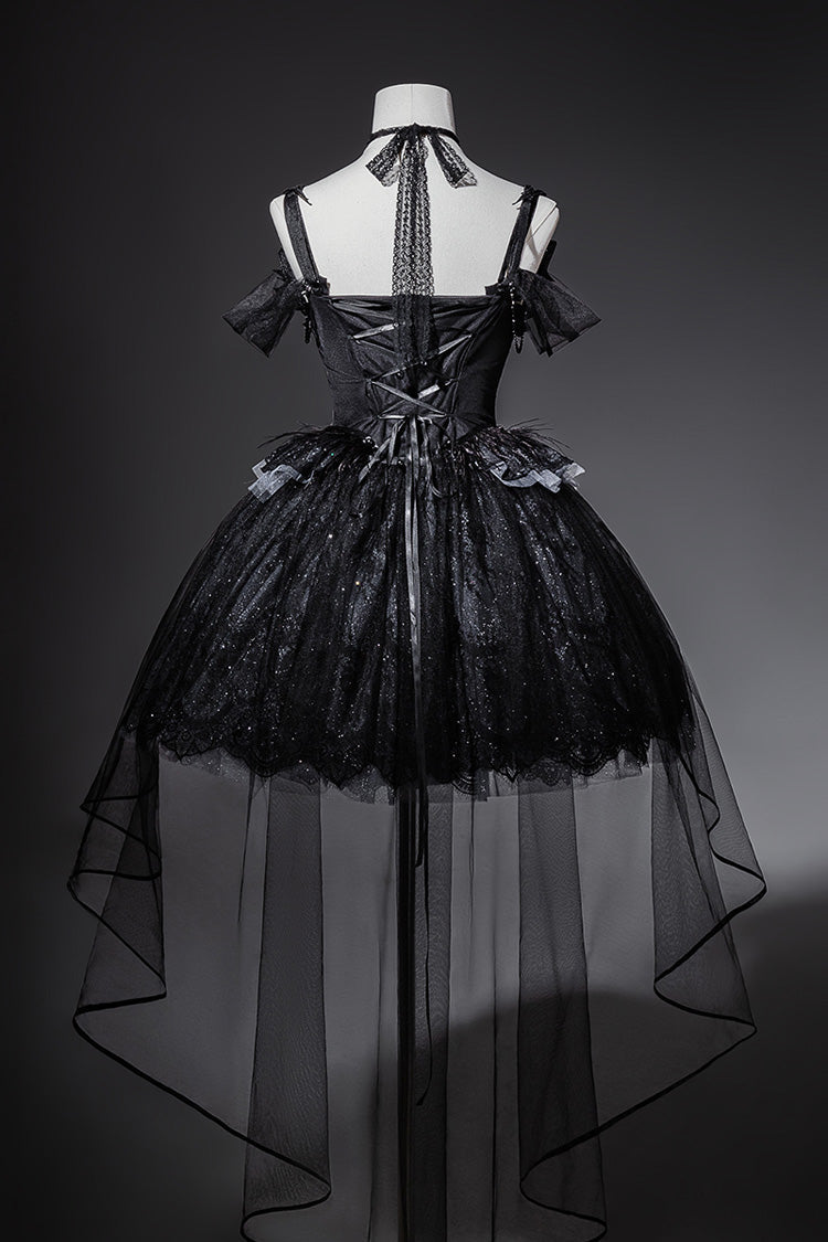 Black [Star Swan Dream] Ruffle Embroidery Bowknot Lace Gothic Lolita Jsk Dress - Product - 3