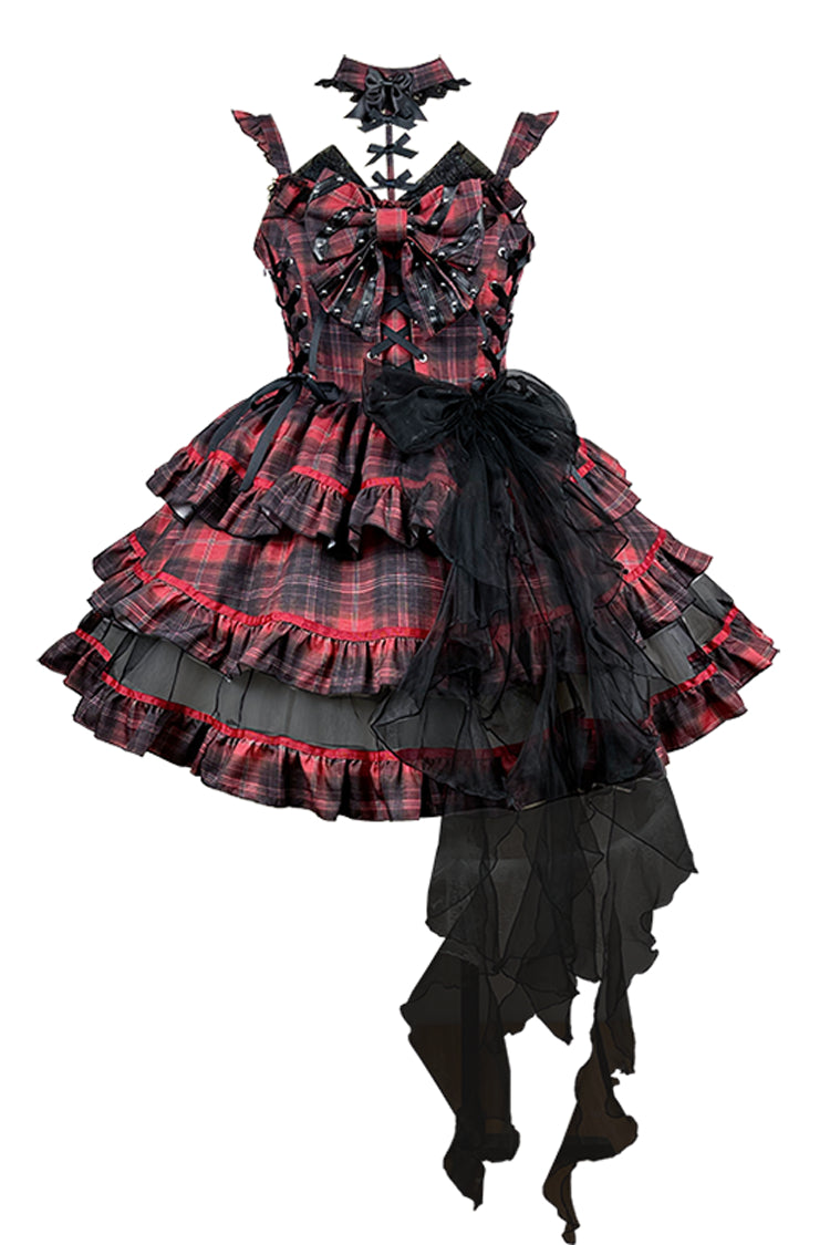 Black/Red Japanese Punk Rock Babes Bowknot Gothic Lolita Tiered Dress - Product - 3