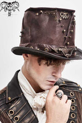 Brown Medium Top Leather Metal Stud Decorated Men's Gothic Hat - Product - 2
