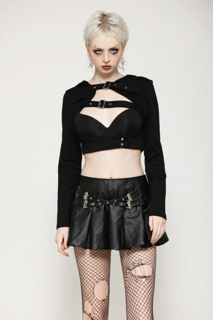 Black Long Sleeves Cut-Out Buckled Women's Punk Shrug with Hood - Product - 5