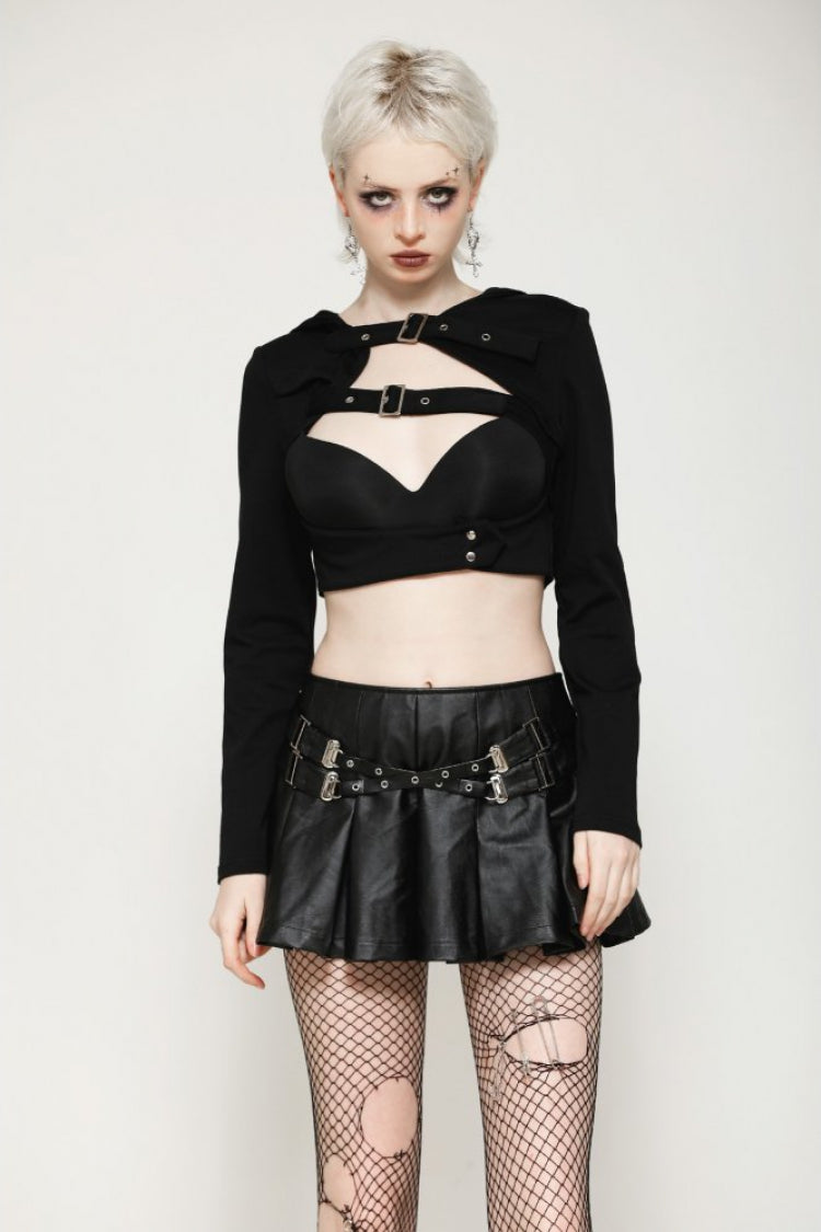 Black Long Sleeves Cut-Out Buckled Women's Punk Shrug with Hood - Product - 5