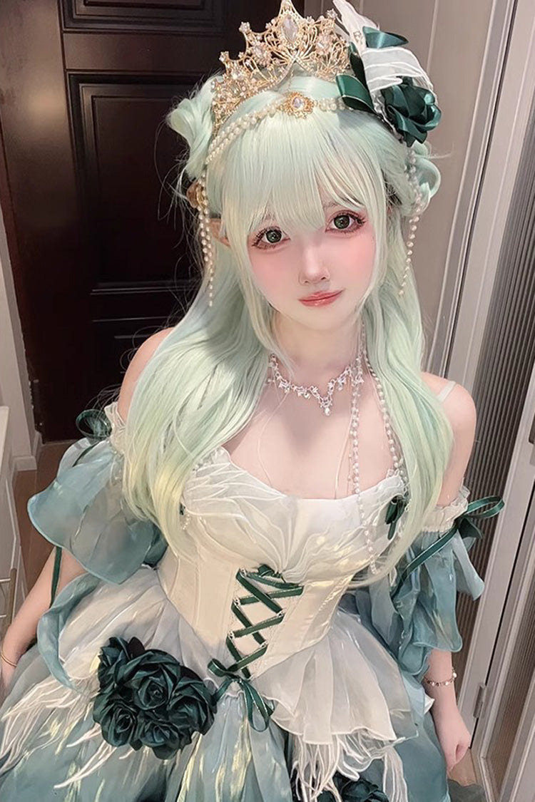 Amber Green [Swan Wonderland] Embroidery Bowknot Lace-Up Sweet Ballet Lolita Jsk Dress Short Version - Product - 3