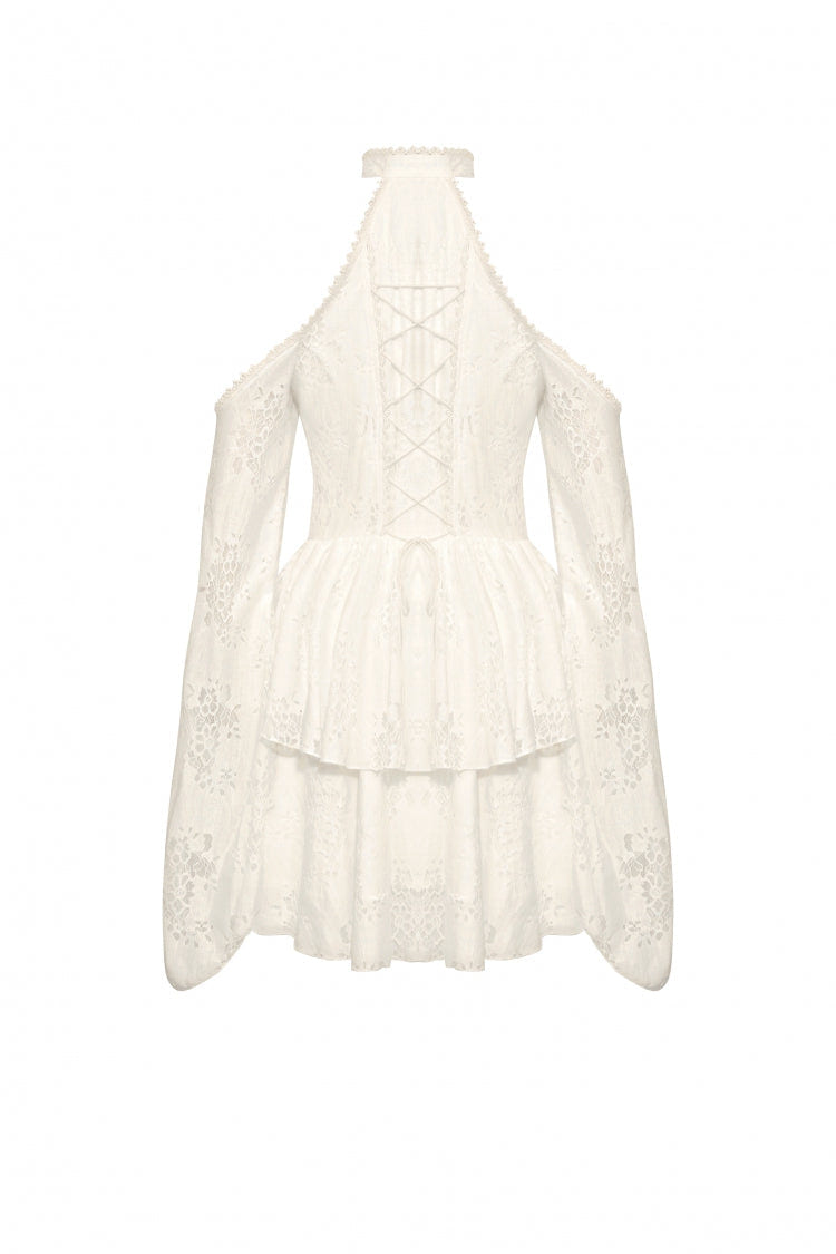Beige Halter Off Shoulder Lapel Collar Long Flare Sleeves Lace-Up Women's Steampunk Dress - Product - 25