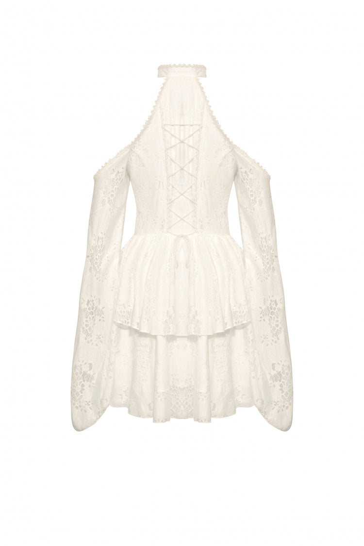 Beige Halter Off Shoulder Lapel Collar Long Flare Sleeves Lace-Up Women's Steampunk Dress - Product - 25