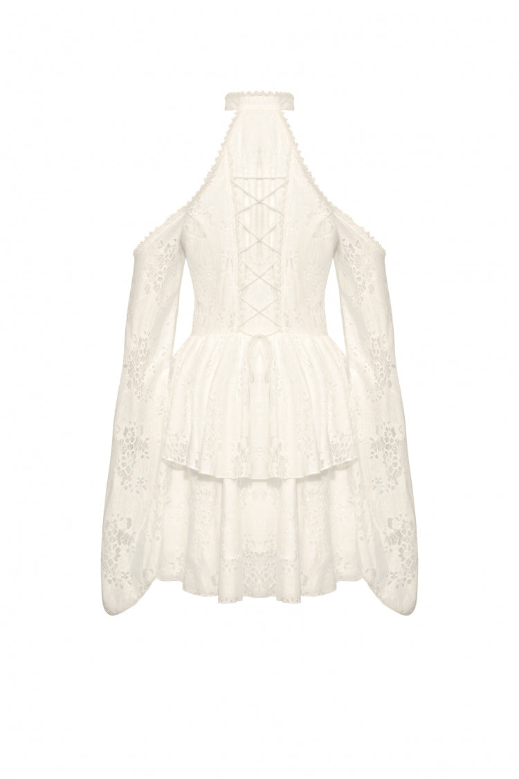 Beige Halter Off Shoulder Lapel Collar Long Flare Sleeves Lace-Up Women's Steampunk Dress - Product - 25
