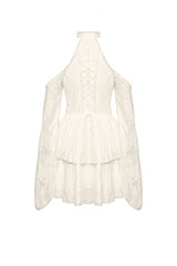 Beige Halter Off Shoulder Lapel Collar Long Flare Sleeves Lace-Up Women's Steampunk Dress - Product - 25