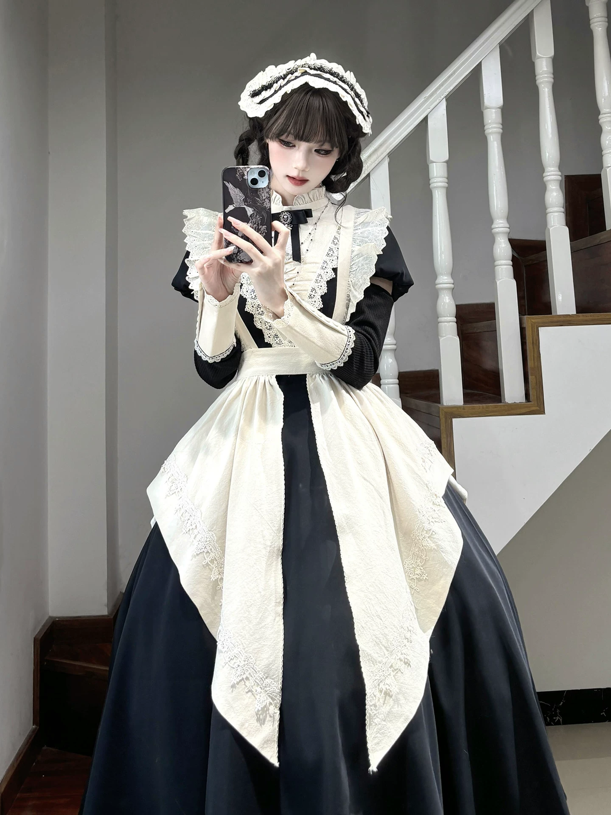 Black and White Plaid Ruffled Maid Lolita Dress with Apron Bow Accent - view 5