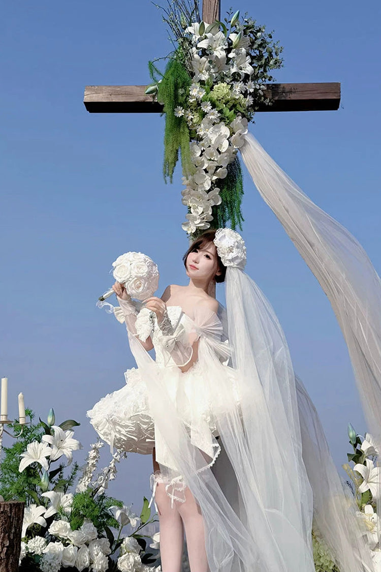 White [White Feather Promise] Sleeveless Multi-Layered Ruffled Hanayome Bow Lace Sweet Lolita Jsk Dress - Product - 8