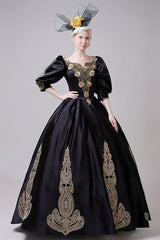 Boat Neck Half Sleeves High Waisted Three Dimensional Golden Floral Hollow Print Victorian Lolita Prom Dress - Product - 4