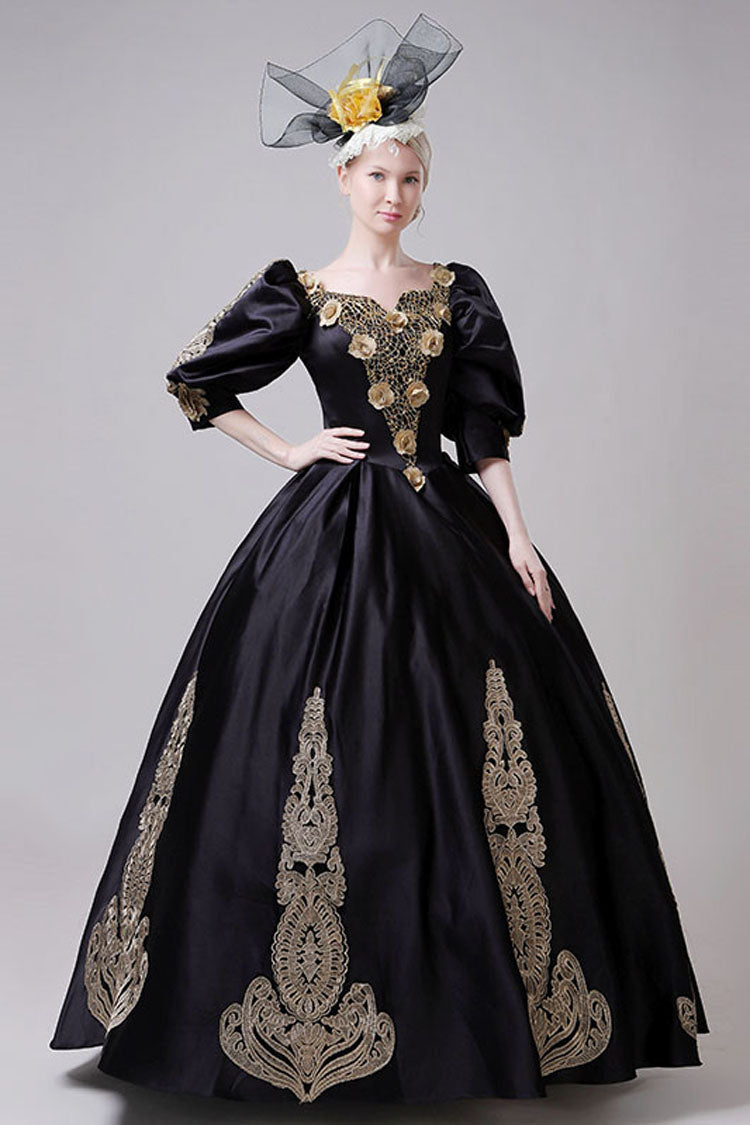 Boat Neck Half Sleeves High Waisted Three Dimensional Golden Floral Hollow Print Victorian Lolita Prom Dress - Product - 4