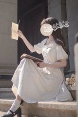 Apricot [Random Thoughts] Square Collar Short Sleeves Ruffle Classic Vintage Elegant Lolita Dress - Product - 16