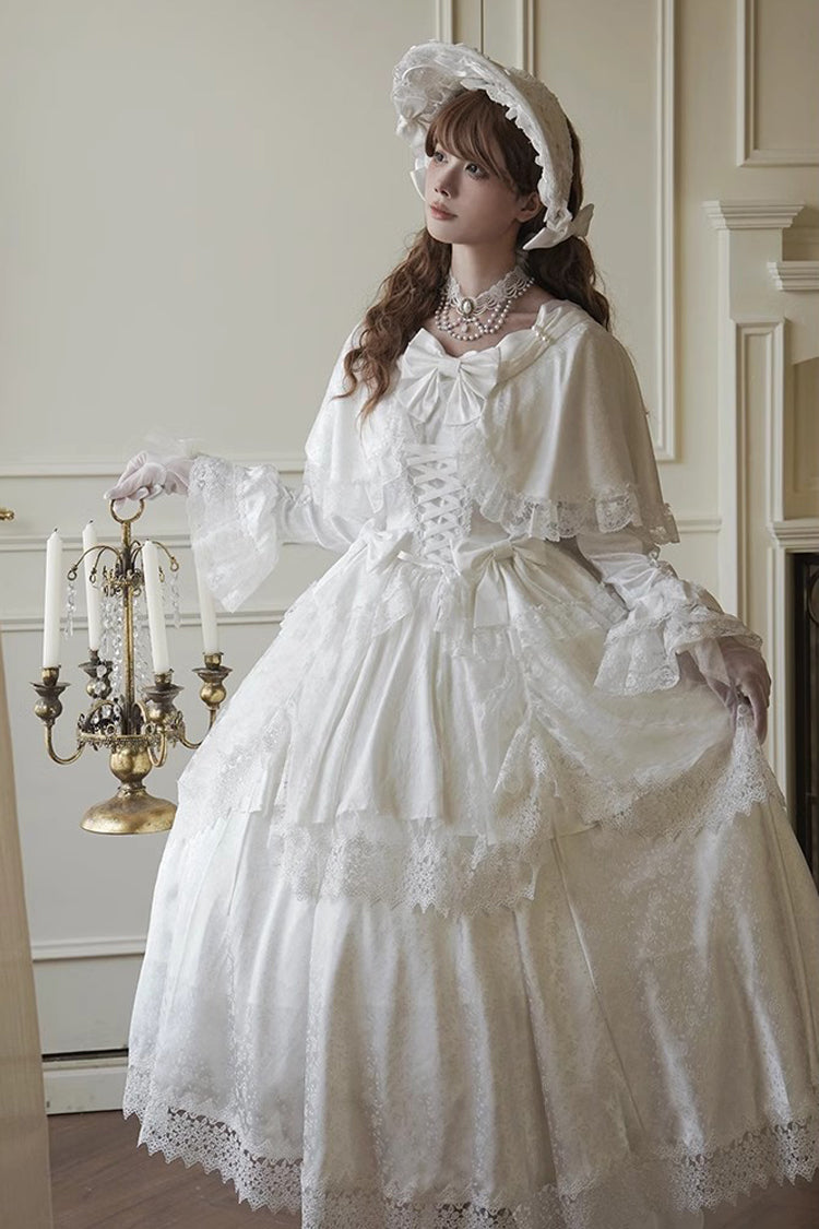 White [Cherish] Long Trumpet Sleeves Ruffle Hanayome Bowknot Lace-Up Sweet Lolita Dress - Product - 5