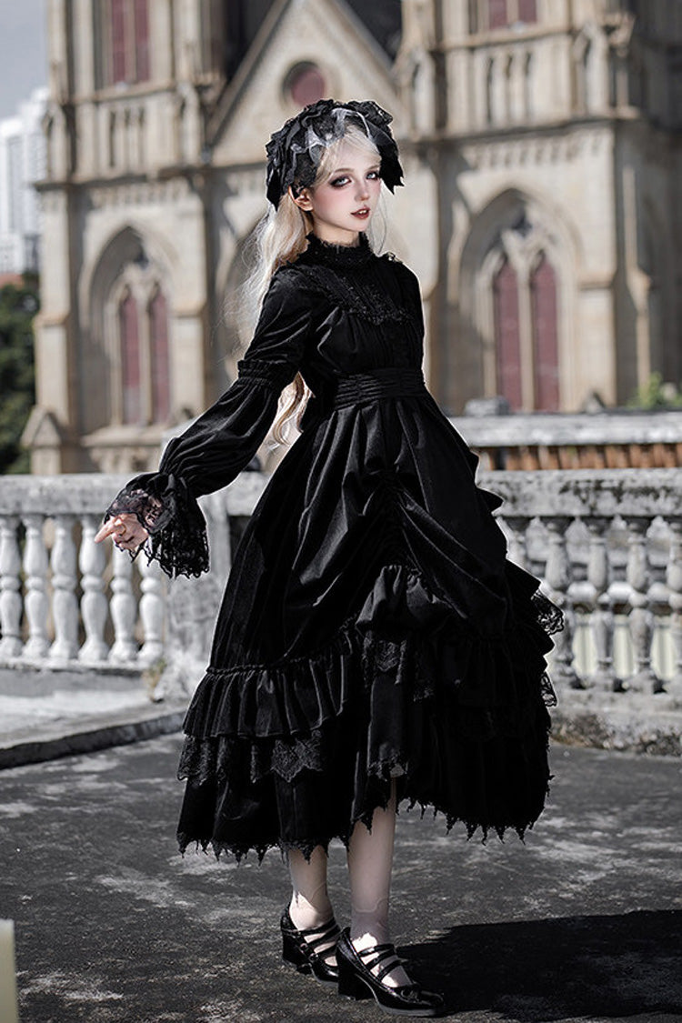 Black [Songs of Dawn and Dusk] Long Lantern Sleeves Multi-Layered Ruffled Bow Adjustable Drawstring Hem Nun Gothic Lolita Dress Set - Product - 5